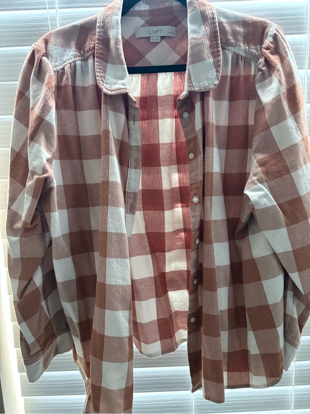 LOFT Rust and White Gingham Button-Up Blouse